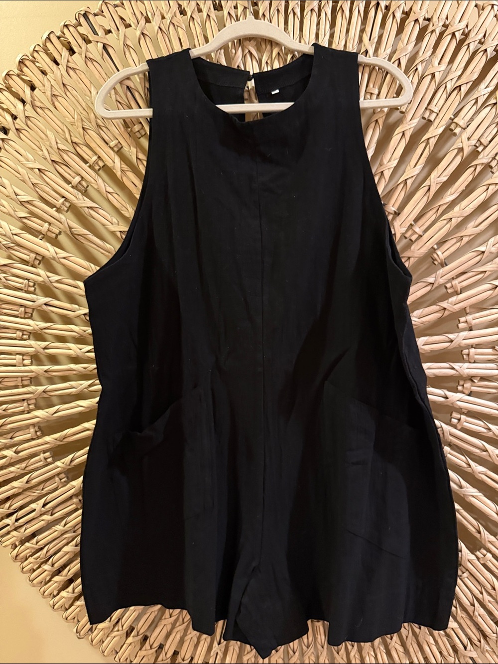 Black Sleeveless Romper with Front Pockets